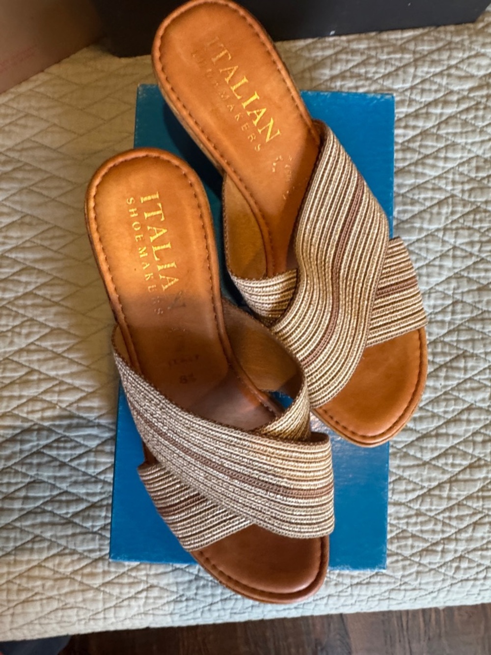Italian Shoemakers Tan Woven Slide Mules with Metallic Thread Detail